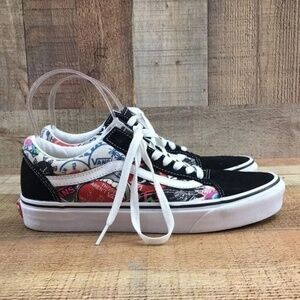 Vans Black Old Skool Stickers Canvas Sneakers Unisex Mens 7 Skate Shoes